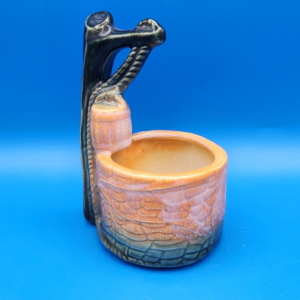 Vintage 1950 Hull Pottery Ceramic Green and Yellow Wishing Well Pot Trinket Dish